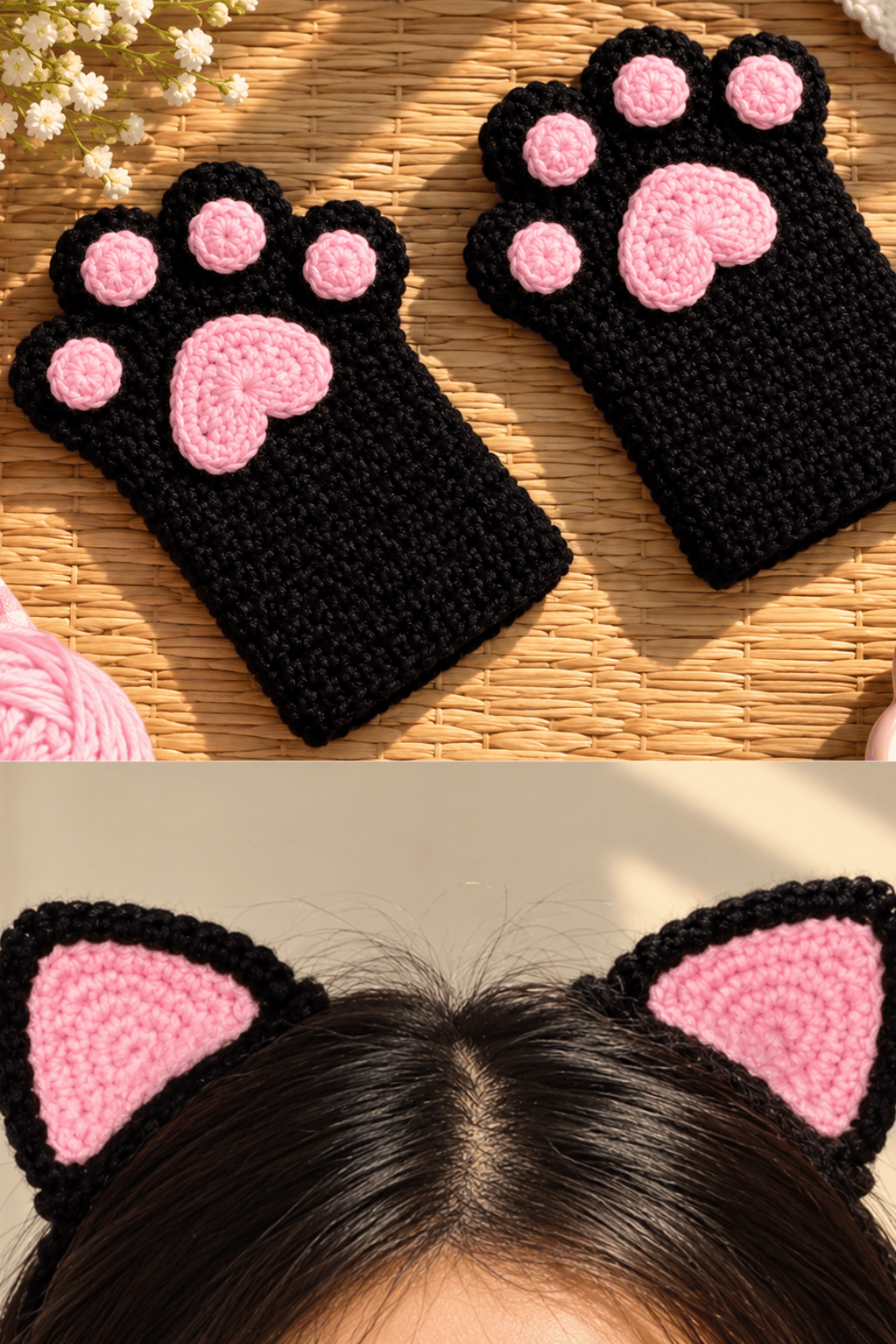 Kitty Paw Crochet Gloves & Ear Pins Set. 🐾