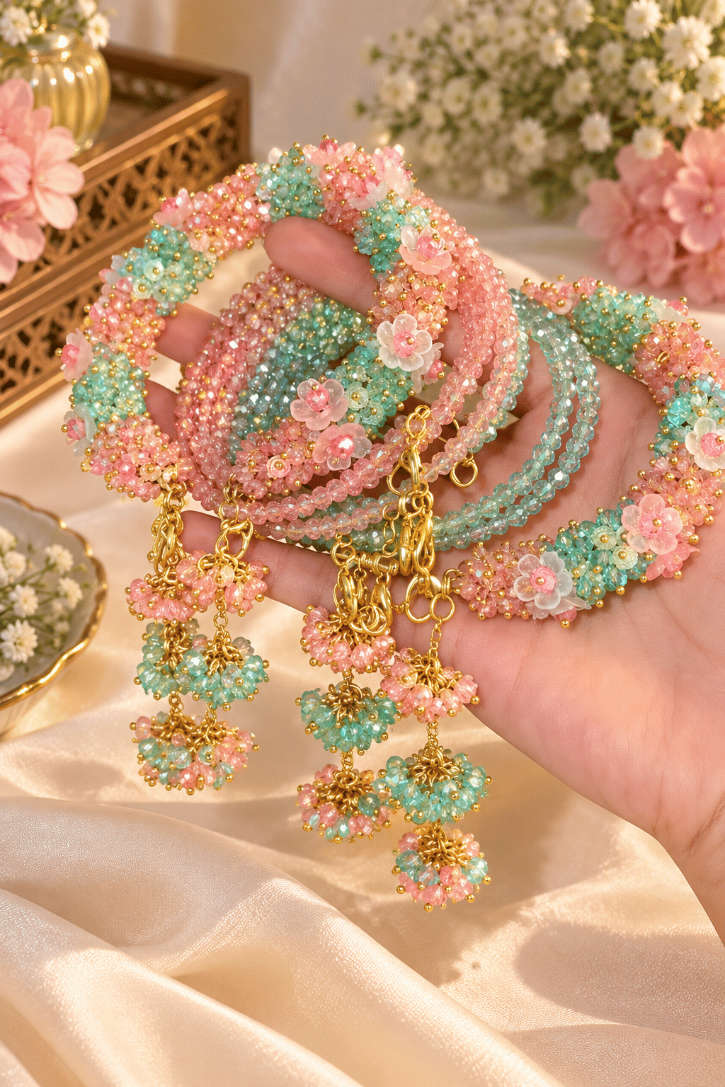 Gul-e-Firoza Floral Beaded Bracelet - Pair