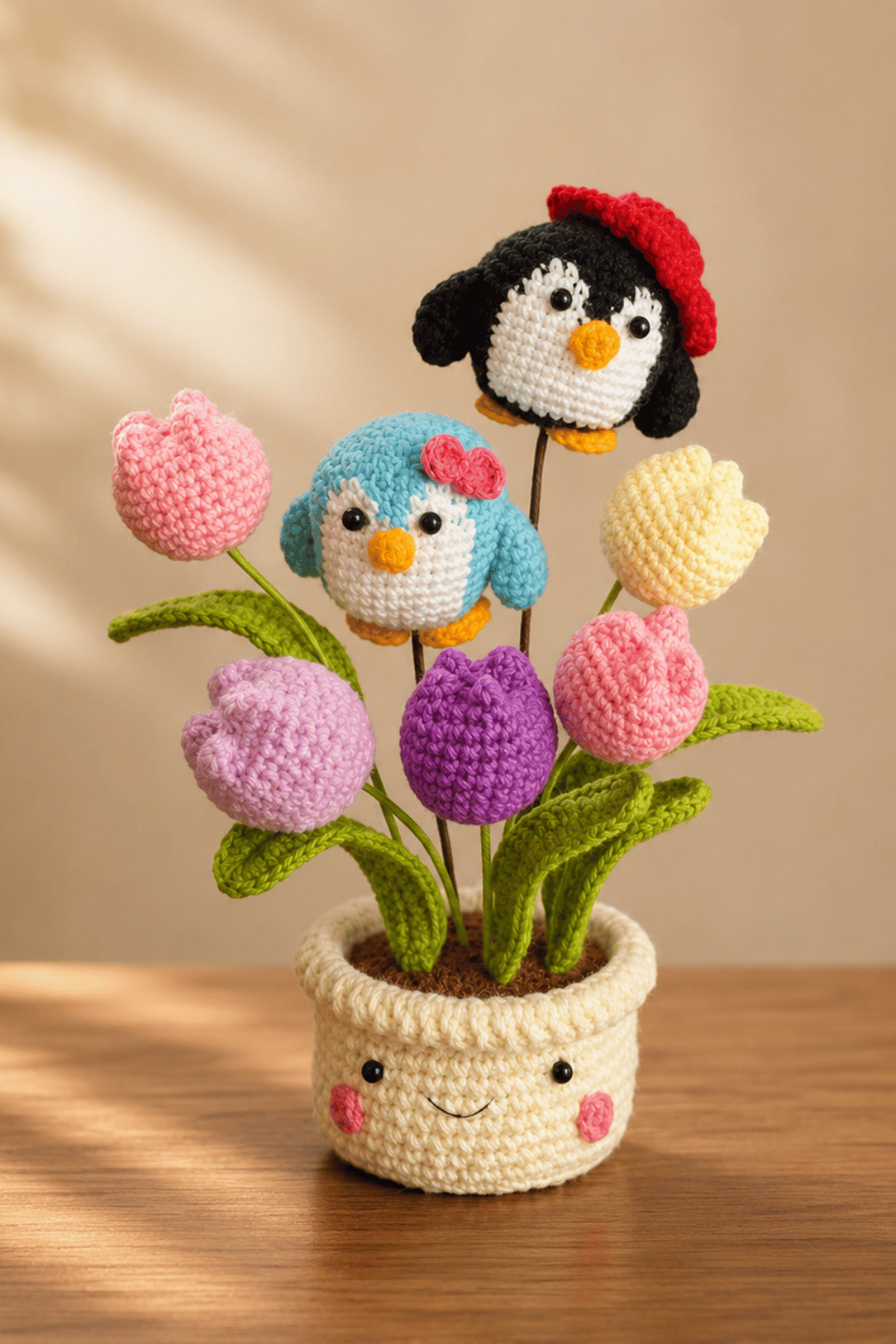 Couple penguin tulips pot
