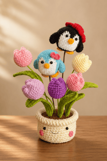 Couple penguin tulips pot