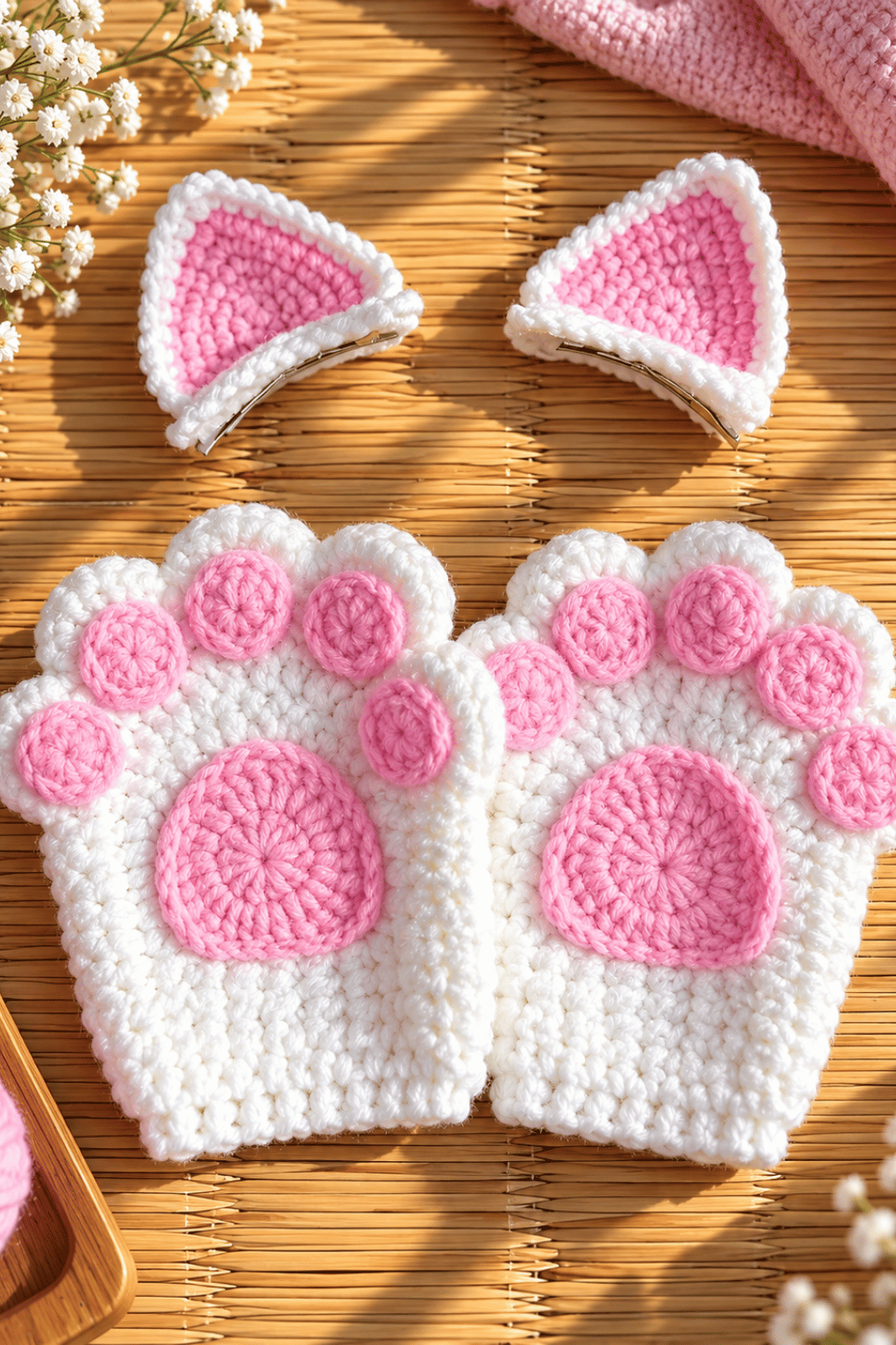 Kitty Paw Crochet Gloves & Ear Pins Set. 🐾