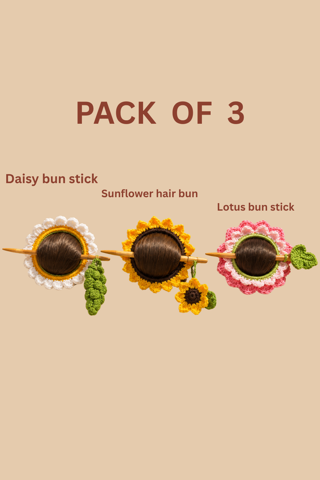 Pack of 3 – Handmade Floral Hair Bun Accessories